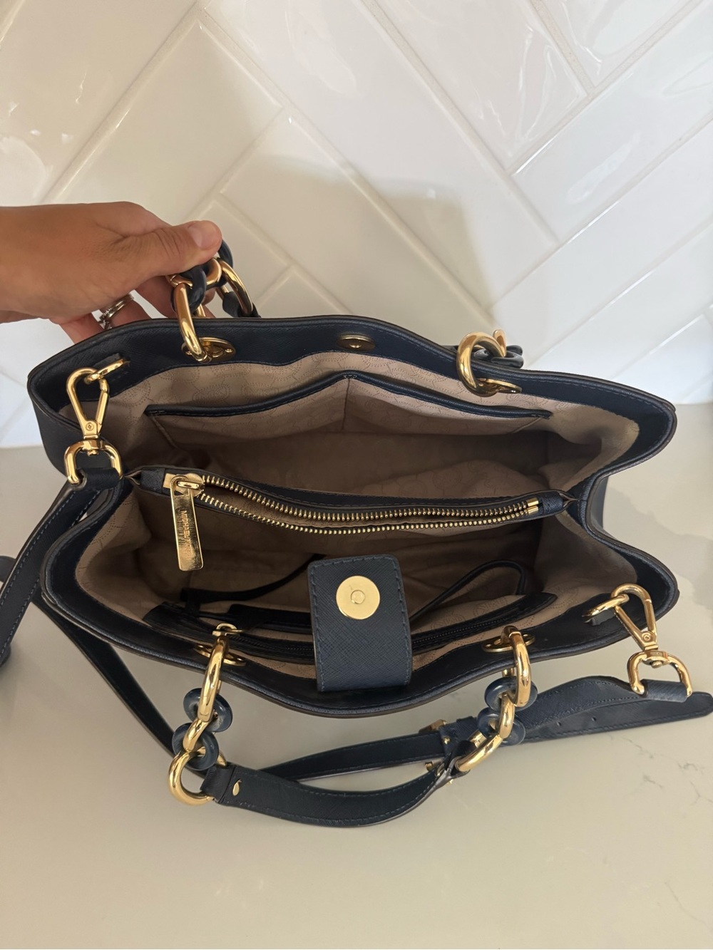 Michael Kors Navy Saffiano Leather Satchel with Gold-Tone Hardware - Picture 6 of 6
